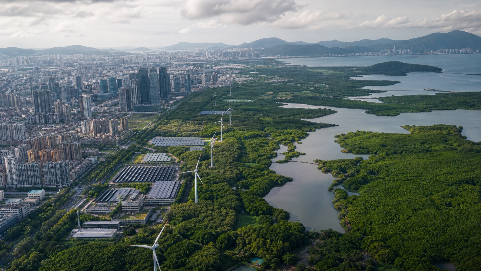 A city beside renewable energy infrastructure, wetlands, and forest