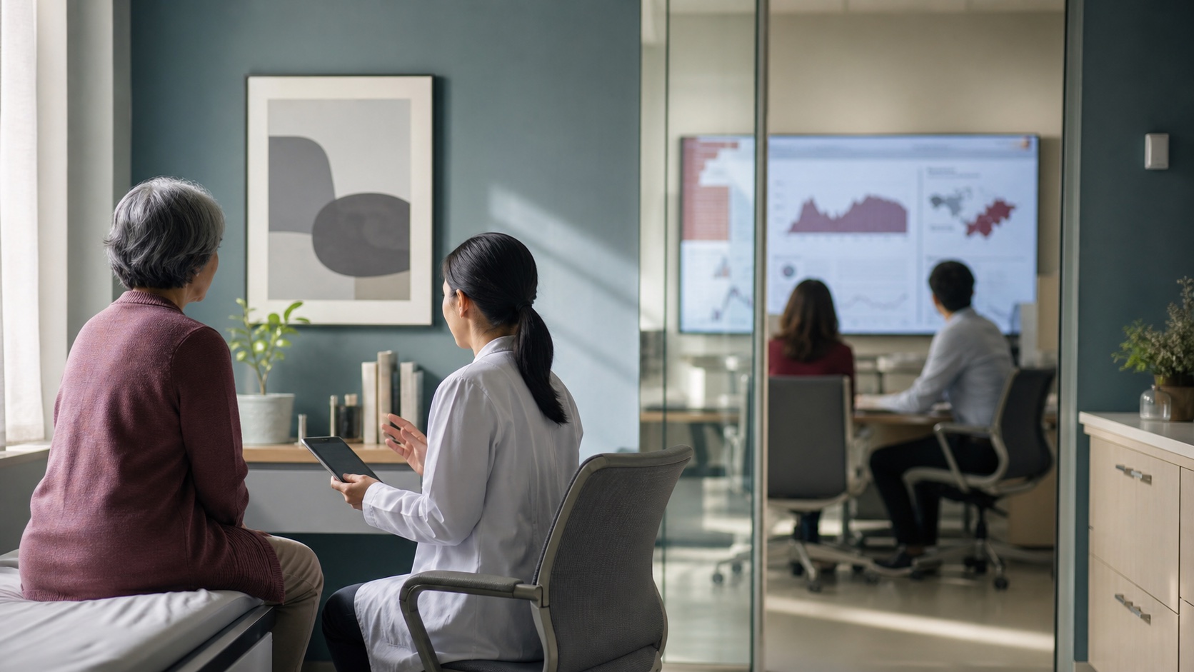 A clinician speaking with a patient near a health-data research meeting